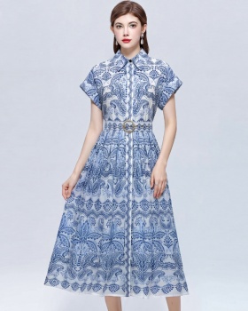 Pinched waist long dress slim printing shirt for women