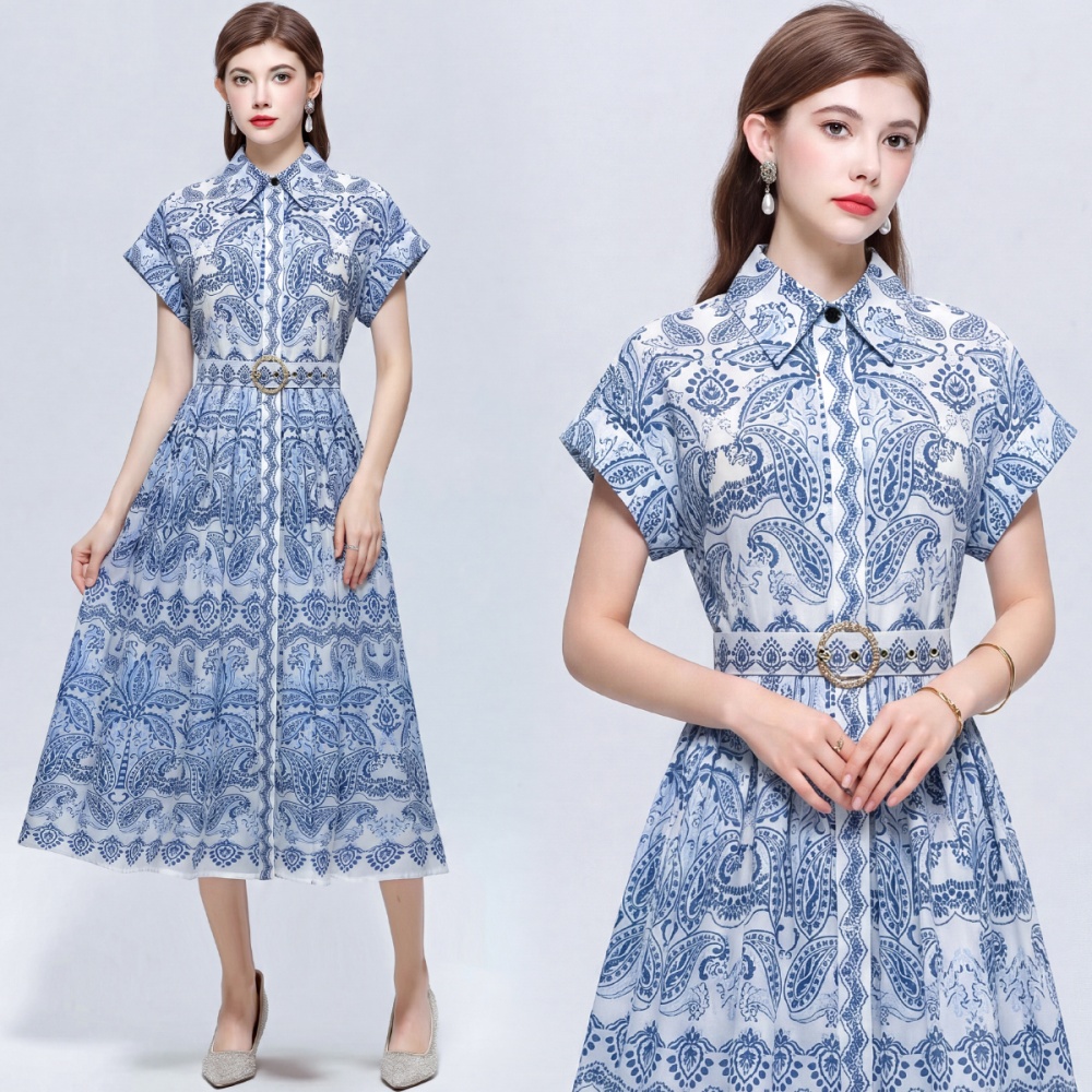 Pinched waist long dress slim printing shirt for women