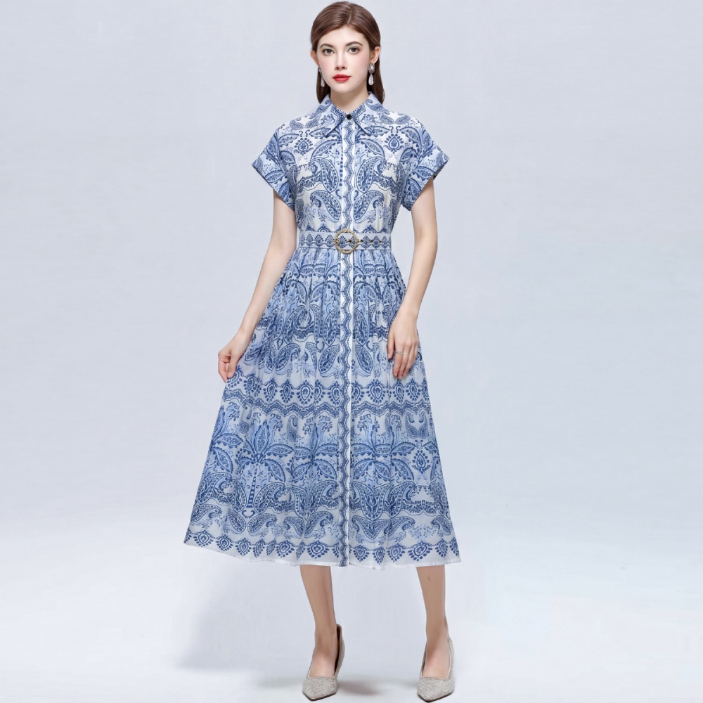 Pinched waist long dress slim printing shirt for women
