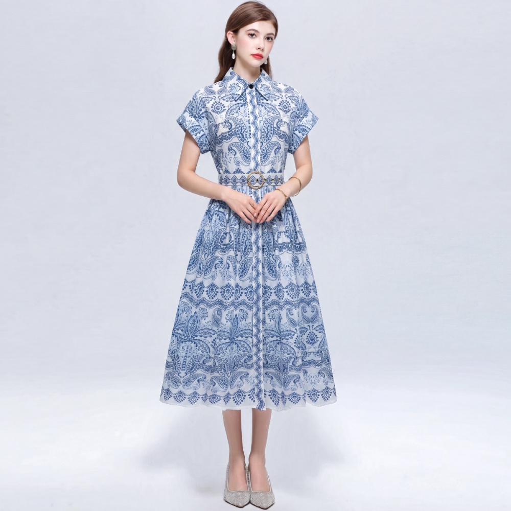 Pinched waist long dress slim printing shirt for women