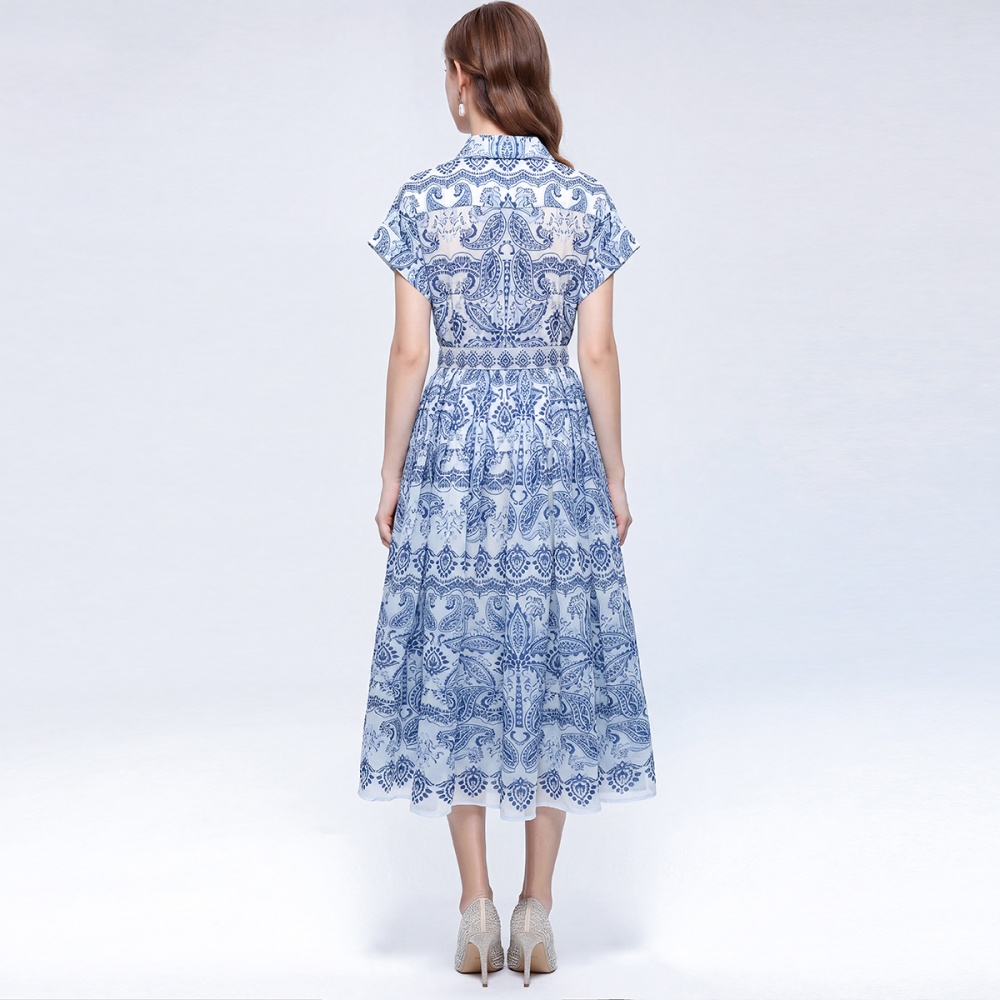 Pinched waist long dress slim printing shirt for women