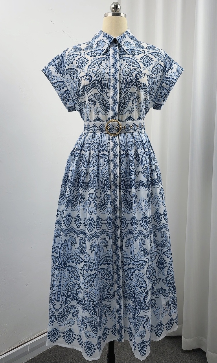 Pinched waist long dress slim printing shirt for women
