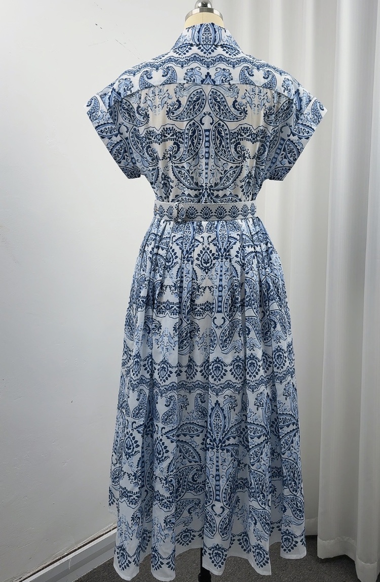 Pinched waist long dress slim printing shirt for women