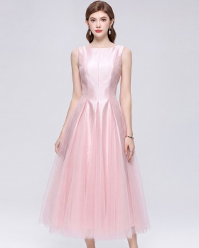 Round neck splice long dress slim dress