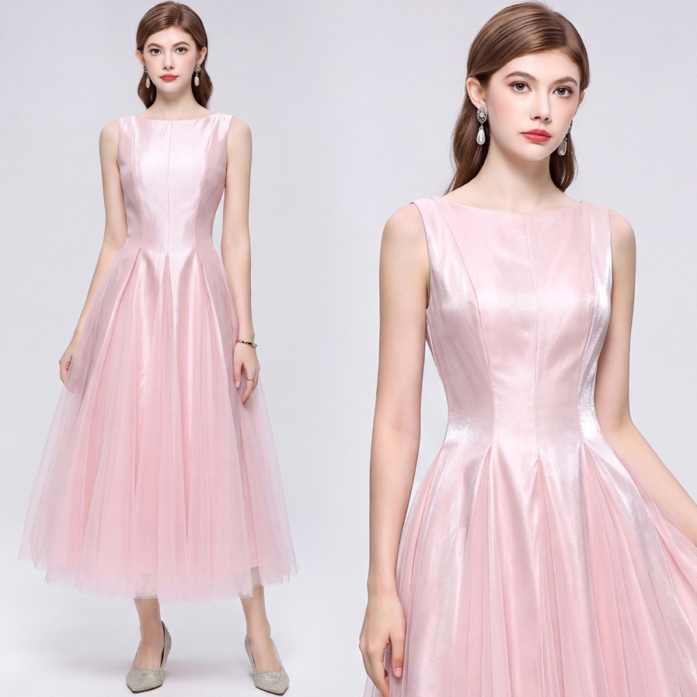 Round neck splice long dress slim dress