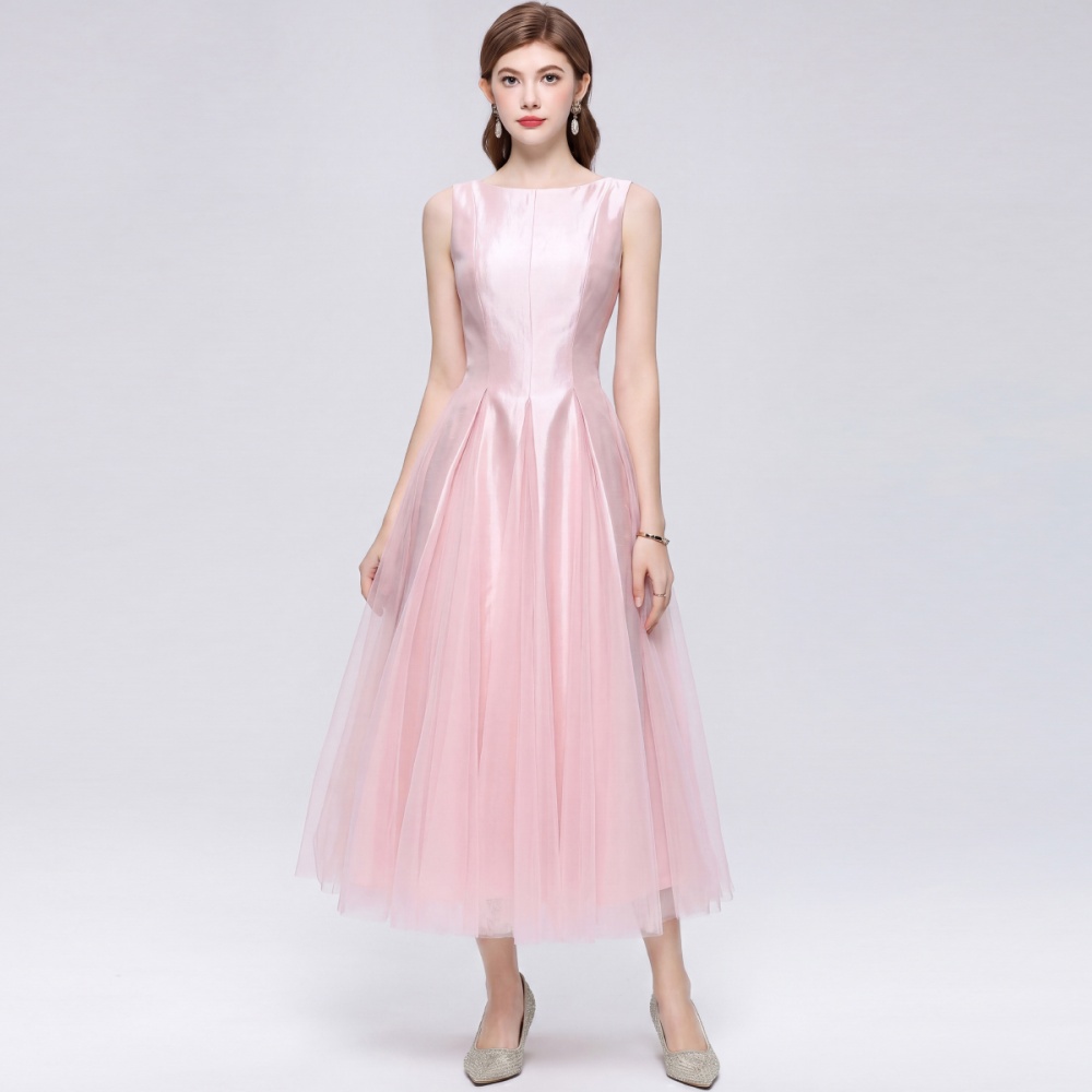 Round neck splice long dress slim dress