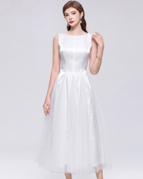 Pinched waist splice long dress round neck slim dress