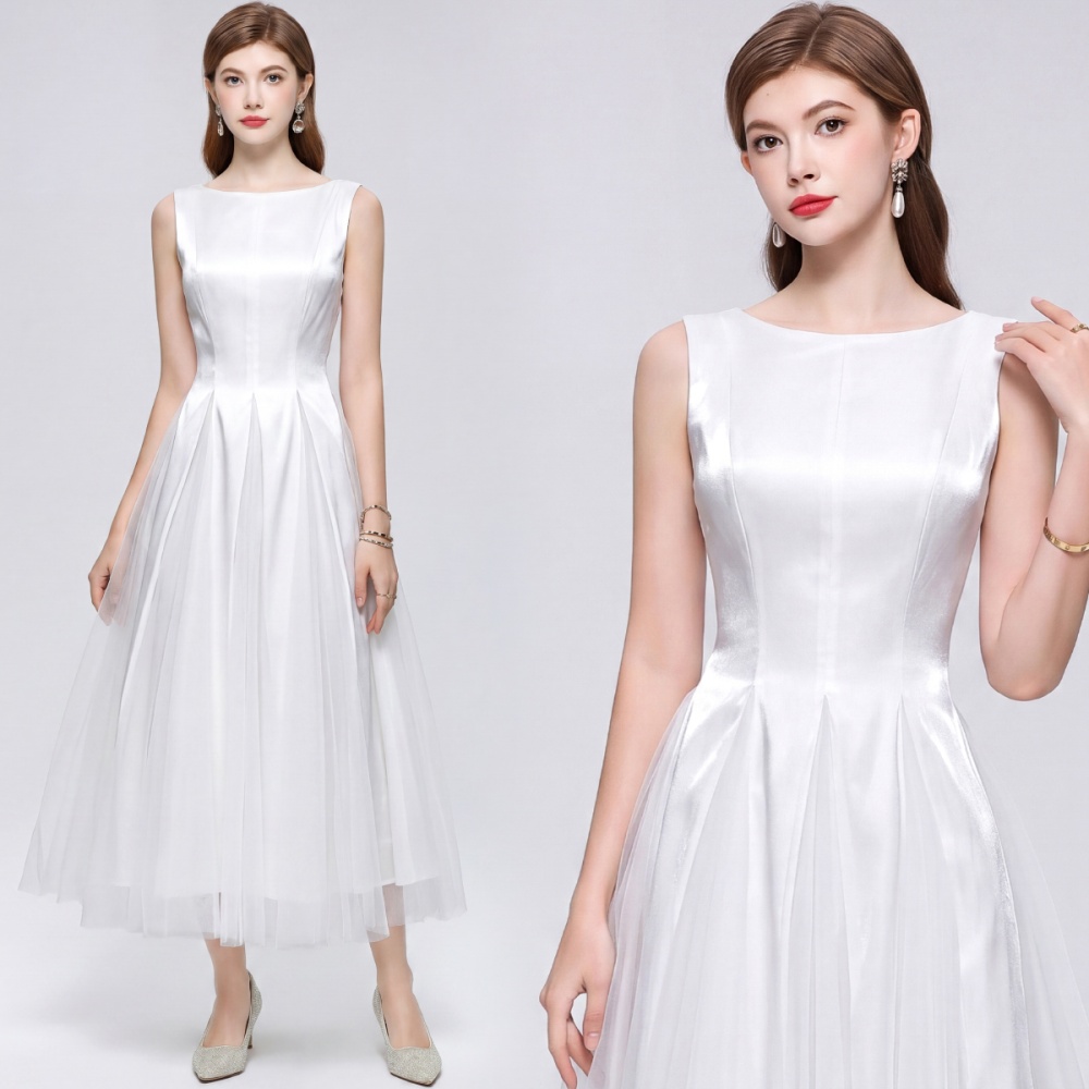 Pinched waist splice long dress round neck slim dress
