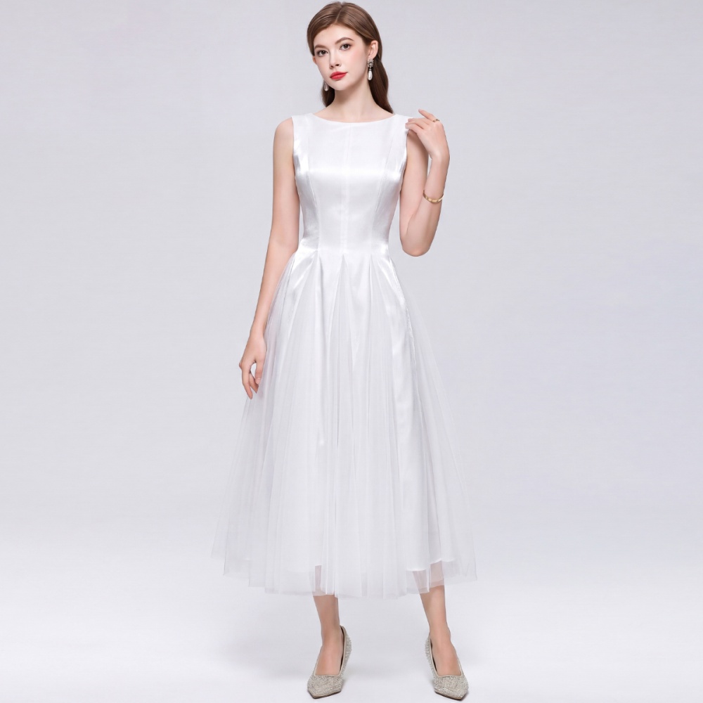 Pinched waist splice long dress round neck slim dress