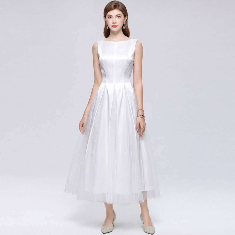 Pinched waist splice long dress round neck slim dress