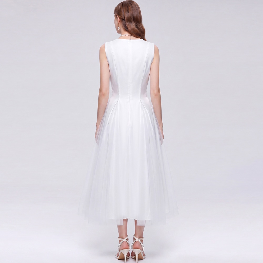 Pinched waist splice long dress round neck slim dress