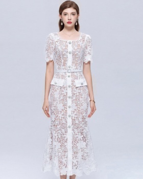 Lace short sleeve slim temperament with belt dress
