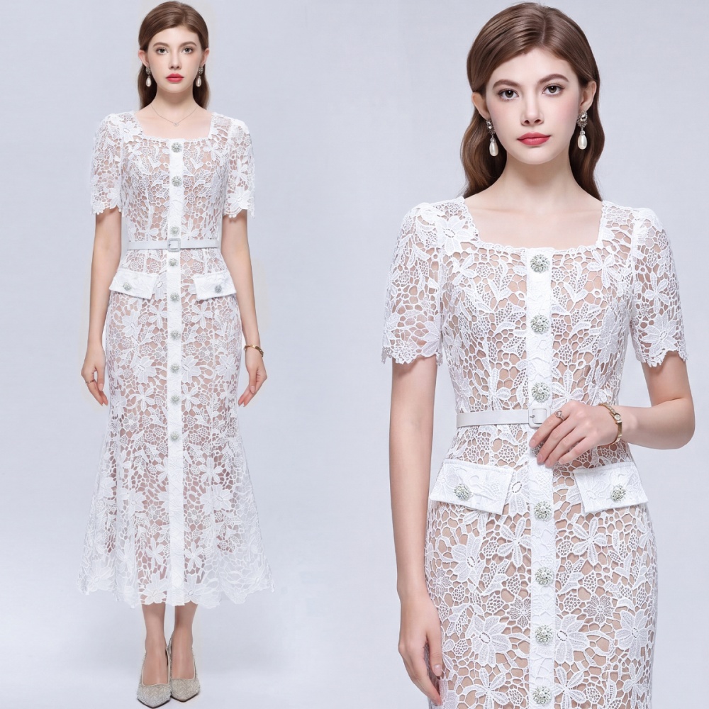 Lace short sleeve slim temperament with belt dress