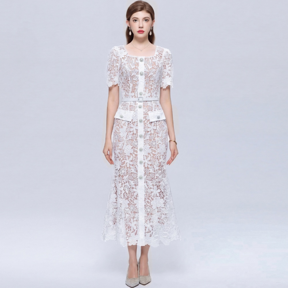 Lace short sleeve slim temperament with belt dress