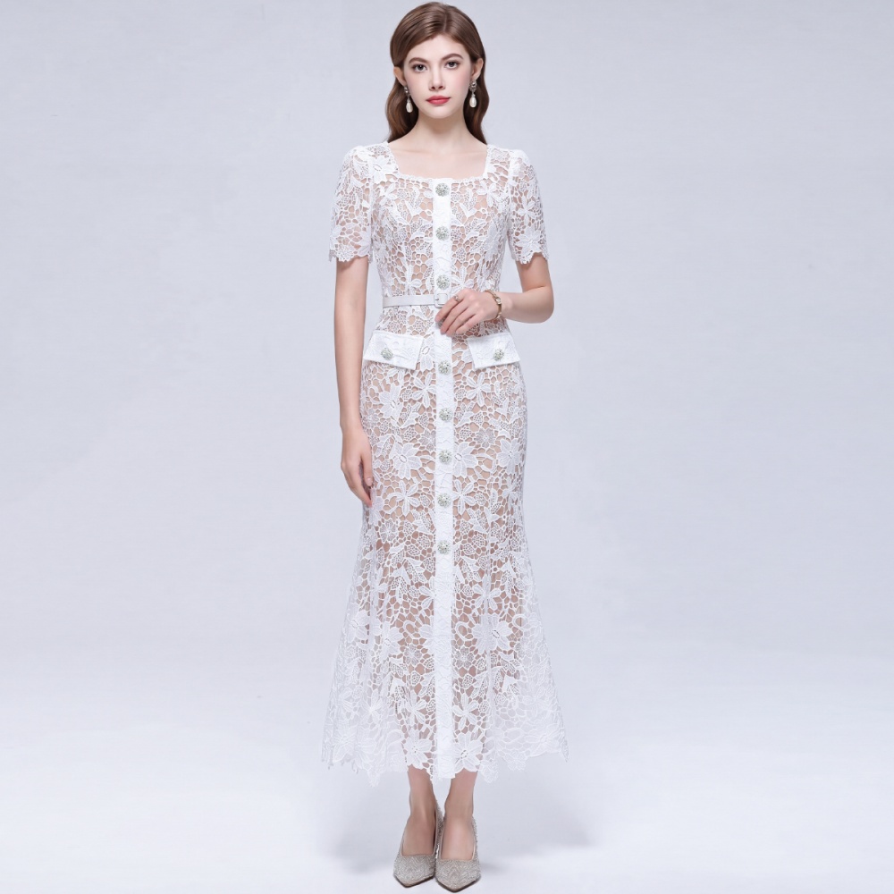 Lace short sleeve slim temperament with belt dress