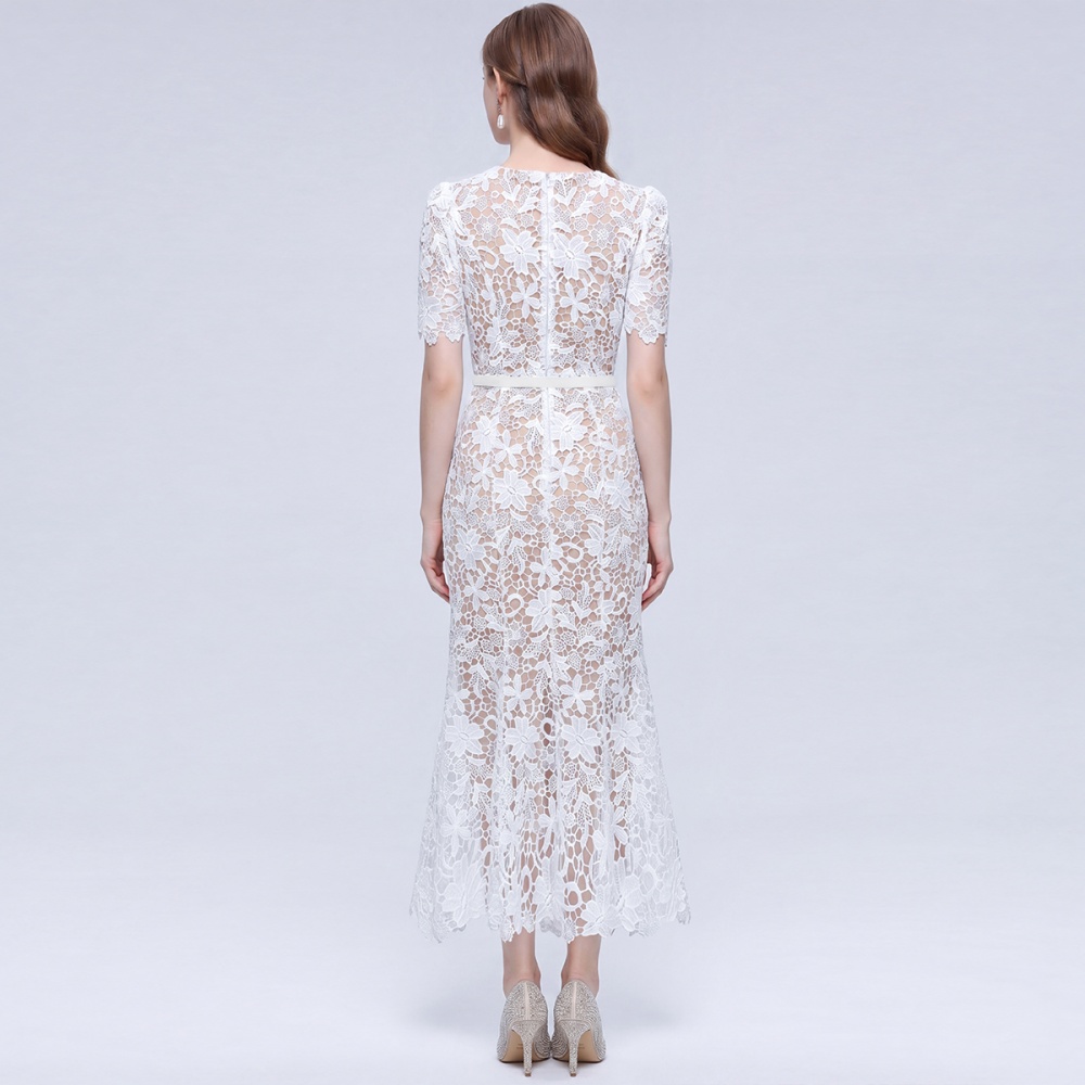 Lace short sleeve slim temperament with belt dress