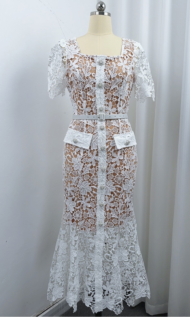 Lace short sleeve slim temperament with belt dress