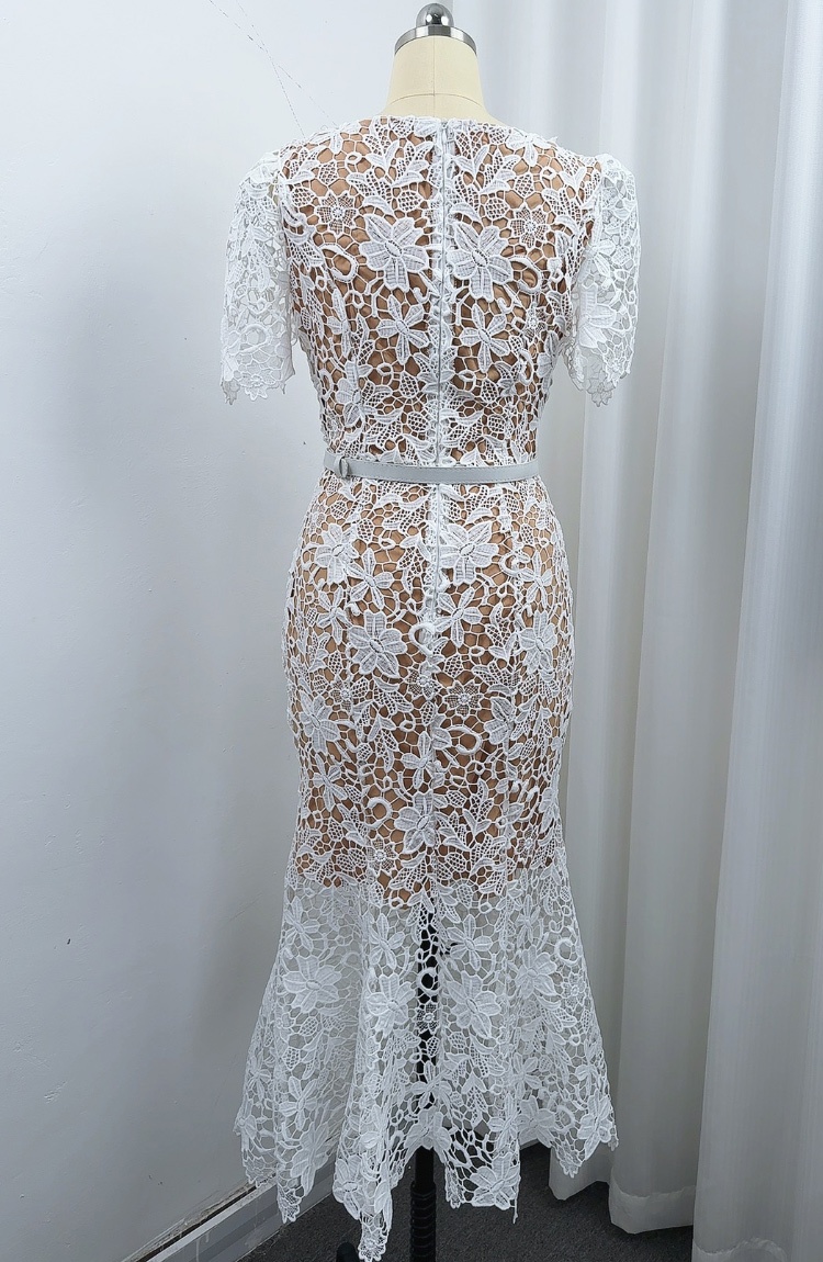 Lace short sleeve slim temperament with belt dress