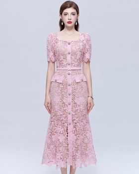 Slim hollow light luxury lace short sleeve with belt dress