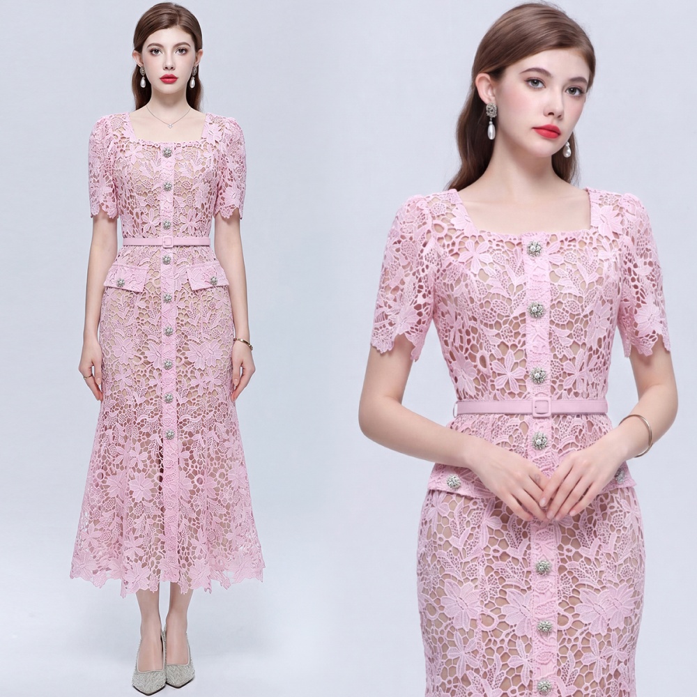 Slim hollow light luxury lace short sleeve with belt dress