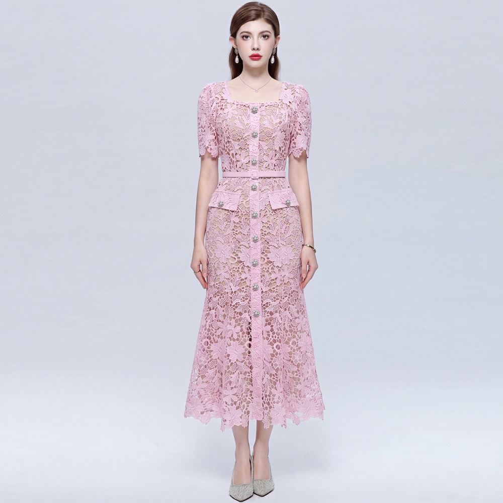 Slim hollow light luxury lace short sleeve with belt dress