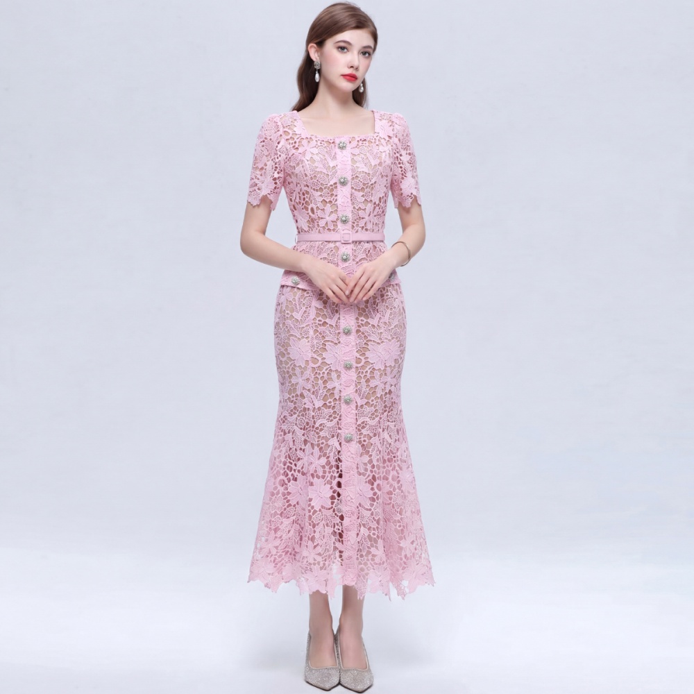 Slim hollow light luxury lace short sleeve with belt dress