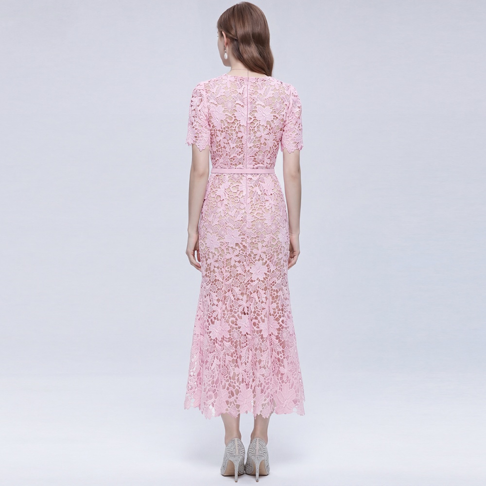 Slim hollow light luxury lace short sleeve with belt dress