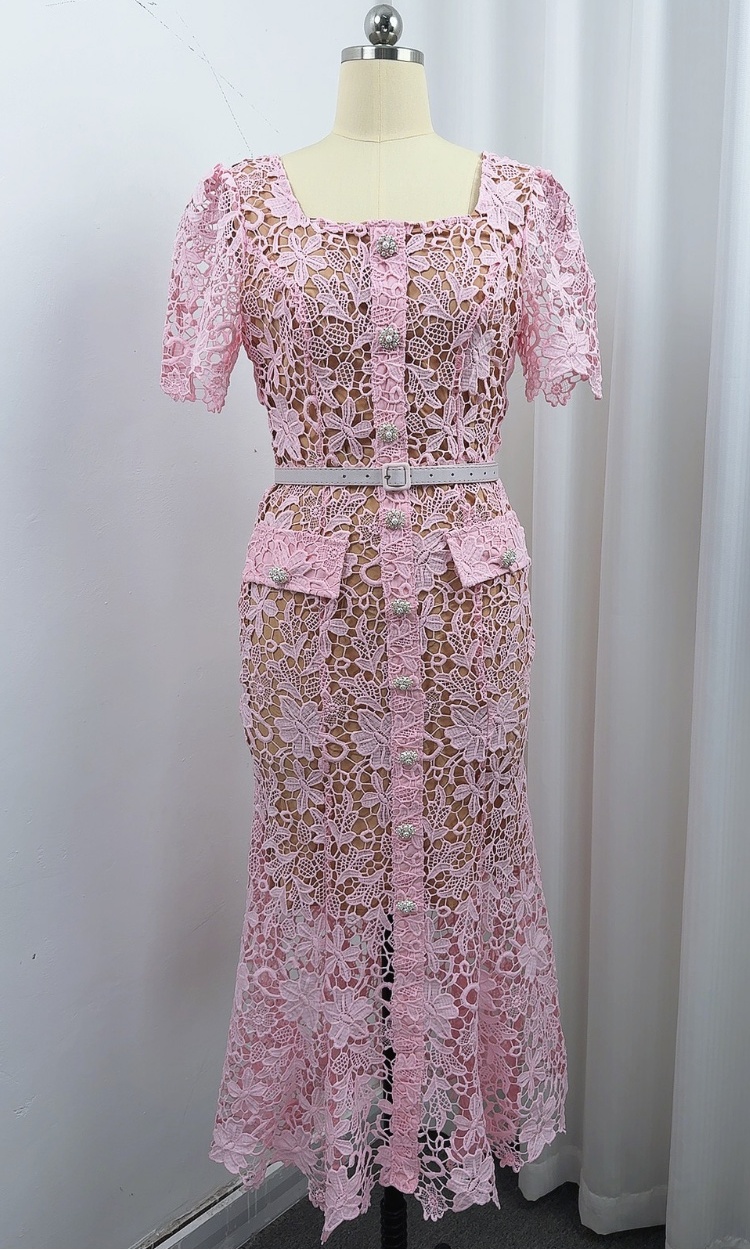 Slim hollow light luxury lace short sleeve with belt dress