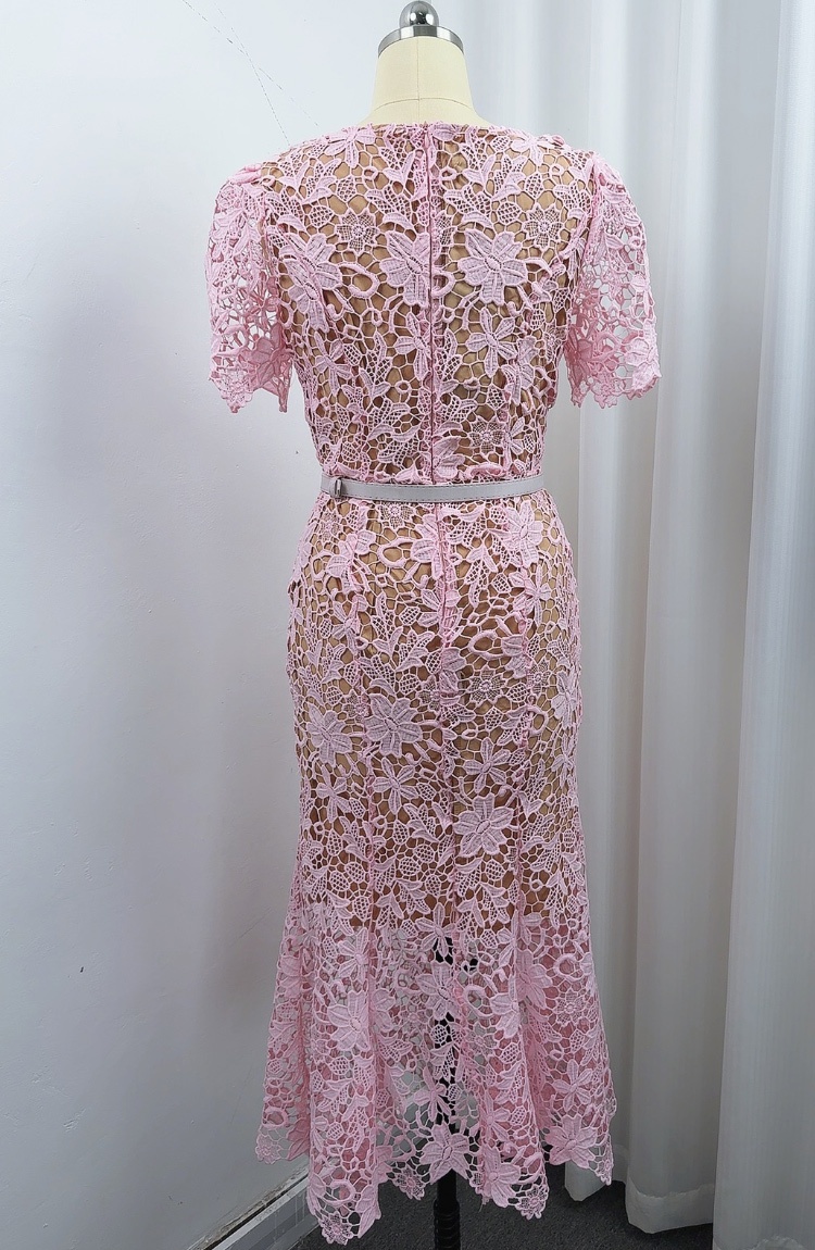 Slim hollow light luxury lace short sleeve with belt dress