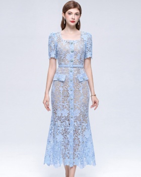 Short sleeve temperament Hepburn style slim hollow dress