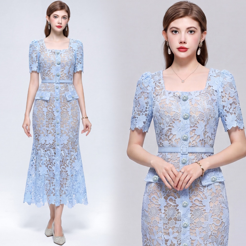 Short sleeve temperament Hepburn style slim hollow dress