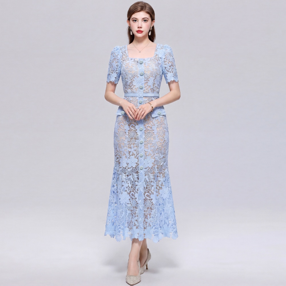 Short sleeve temperament Hepburn style slim hollow dress
