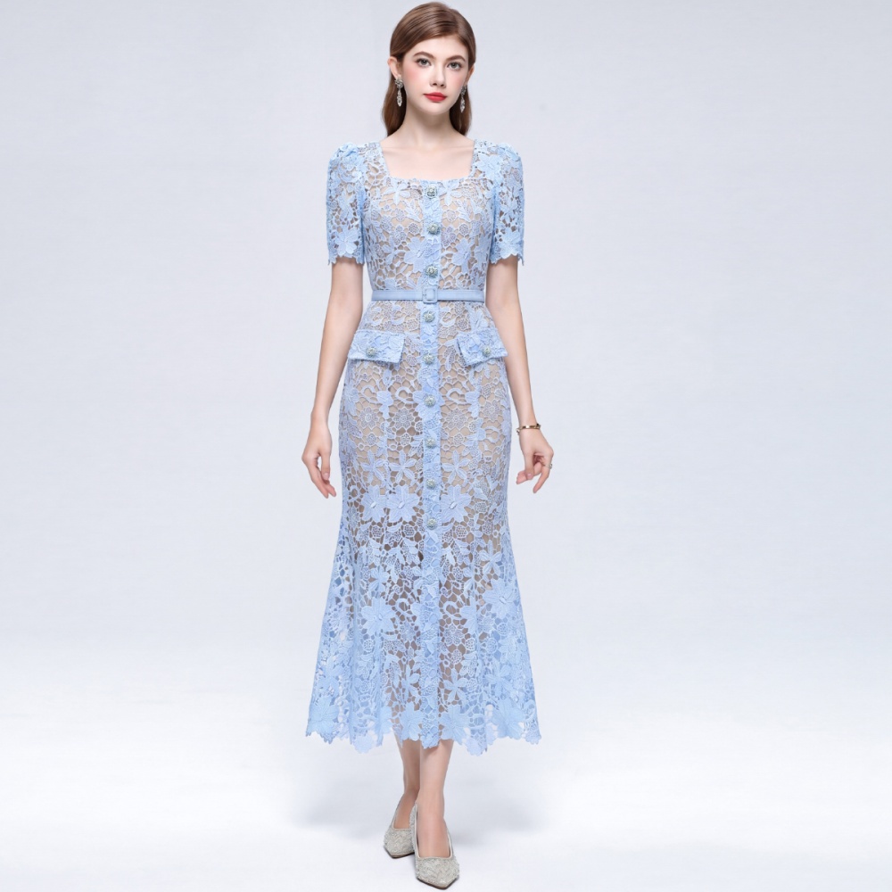 Short sleeve temperament Hepburn style slim hollow dress