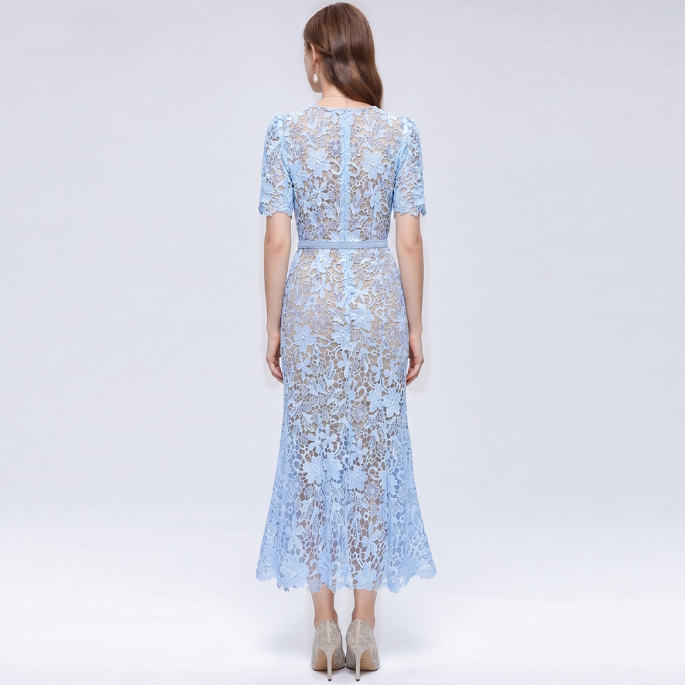 Short sleeve temperament Hepburn style slim hollow dress