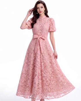 Short sleeve single-breasted slim cstand collar dress