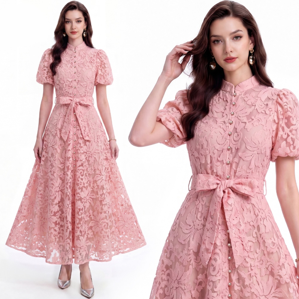 Short sleeve single-breasted slim cstand collar dress