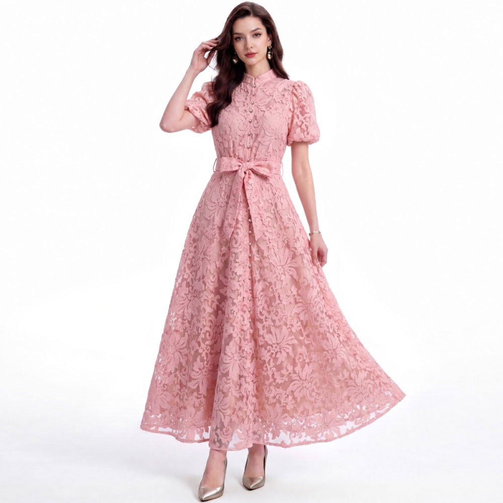 Short sleeve single-breasted slim cstand collar dress