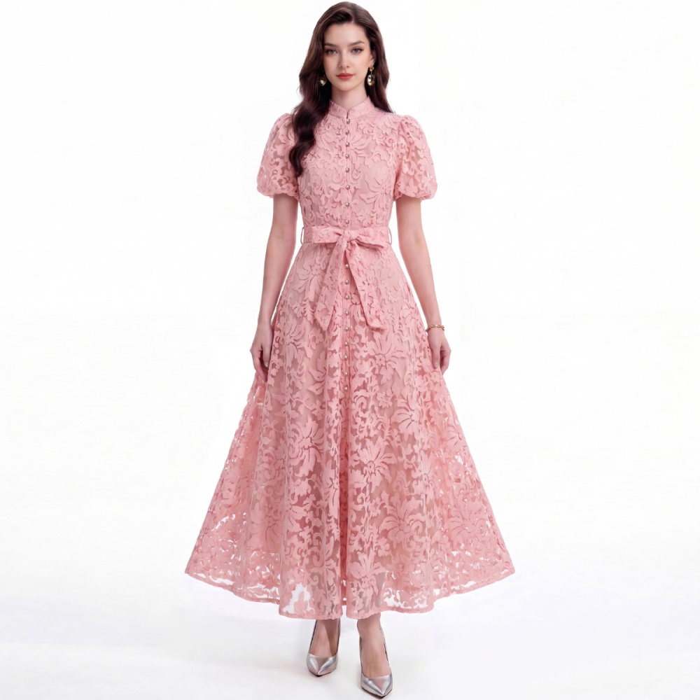 Short sleeve single-breasted slim cstand collar dress