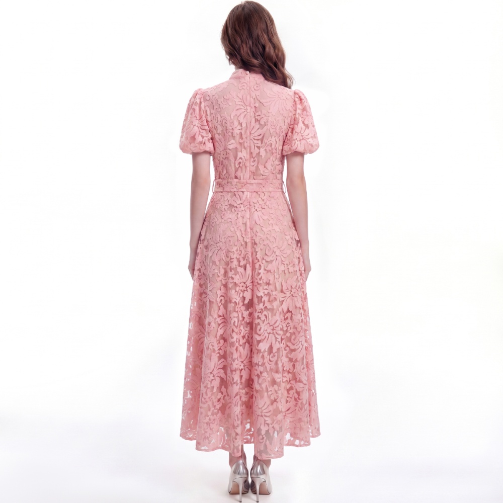 Short sleeve single-breasted slim cstand collar dress