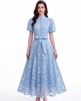Single-breasted tender cstand collar slim A-line dress