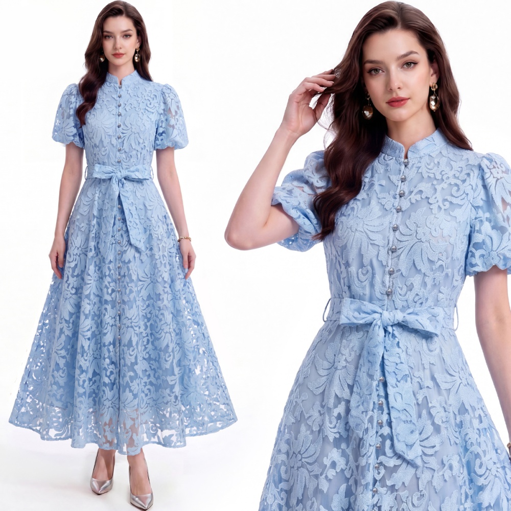 Single-breasted tender cstand collar slim A-line dress