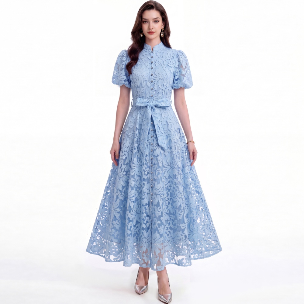 Single-breasted tender cstand collar slim A-line dress