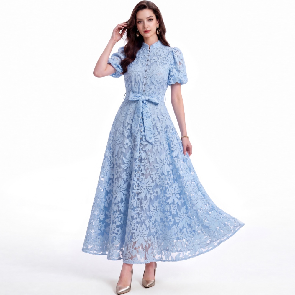 Single-breasted tender cstand collar slim A-line dress