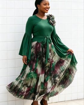 Fold pleated dress disk flowers long dress for women