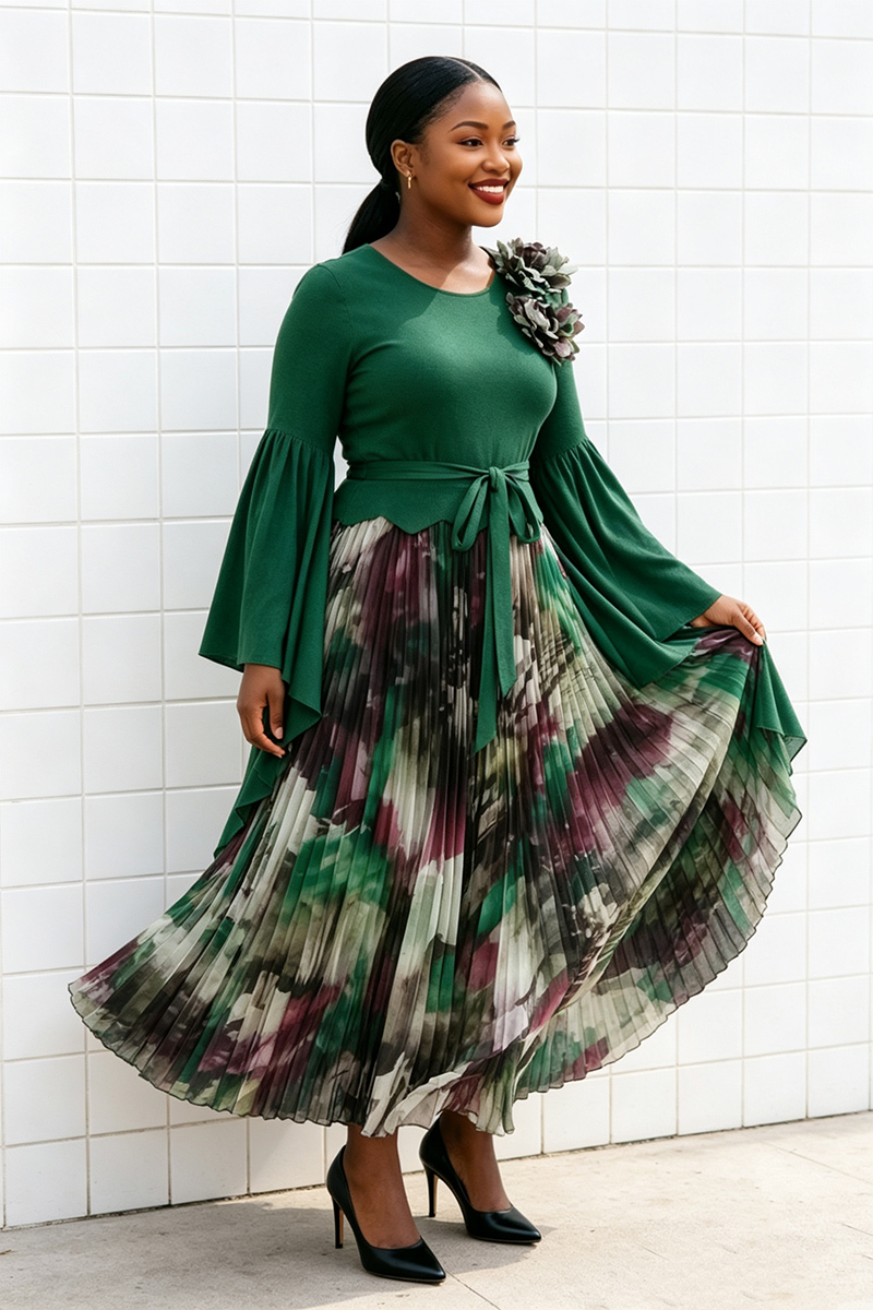 Fold pleated dress disk flowers long dress for women