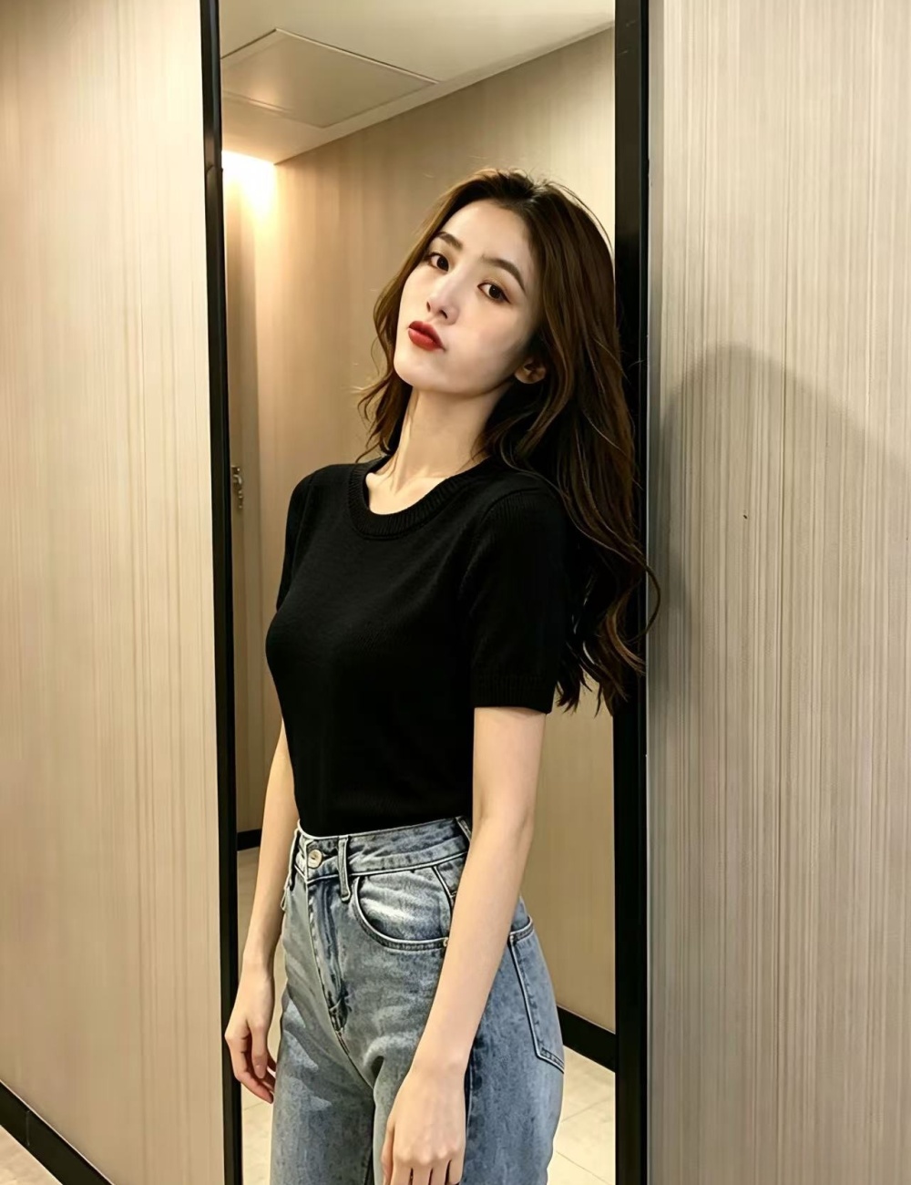 Pure knitted short sleeve slim bottoming shirt