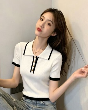 Knitted lapel chanelstyle mixed colors short sleeve shirts
