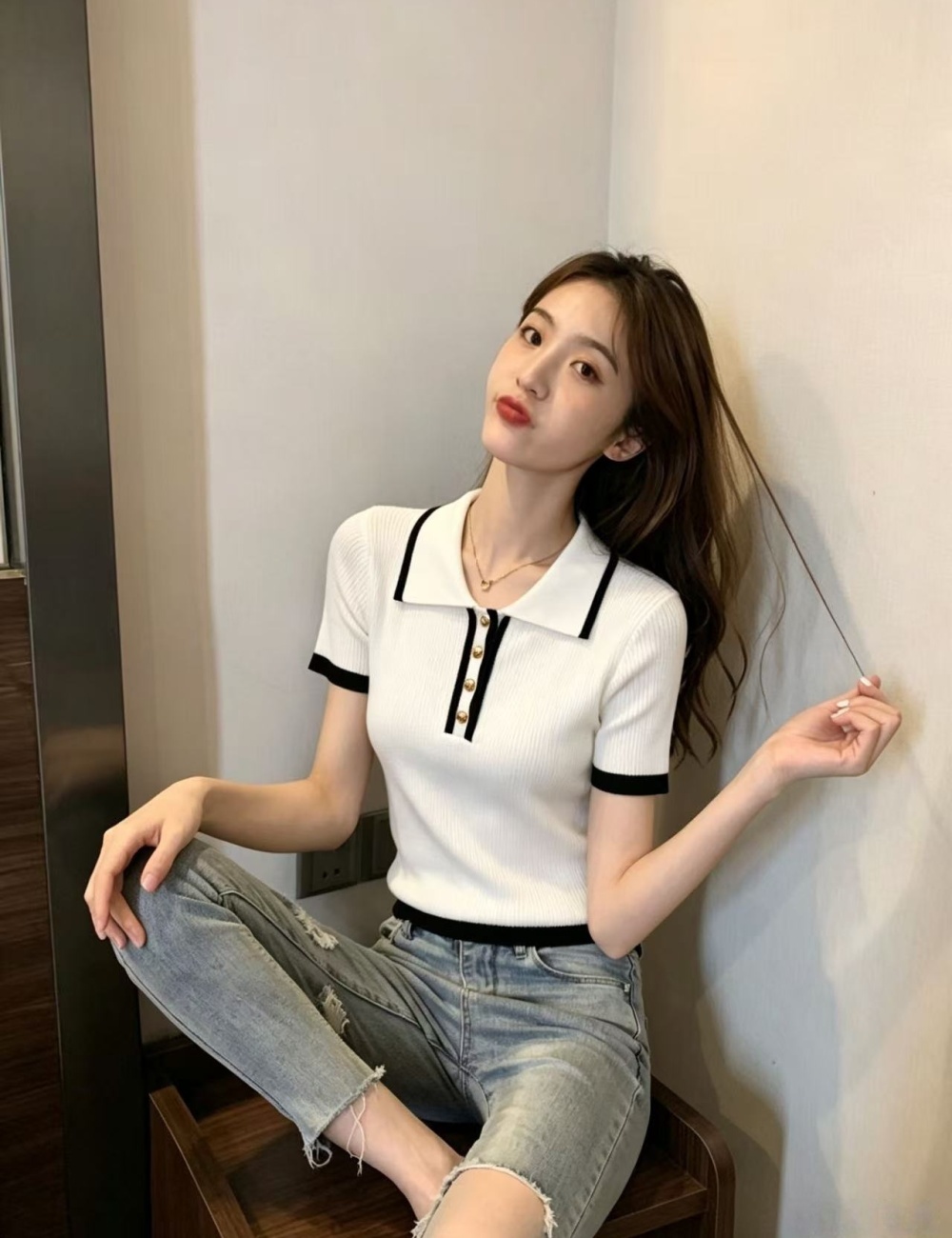 Knitted lapel chanelstyle mixed colors short sleeve shirts
