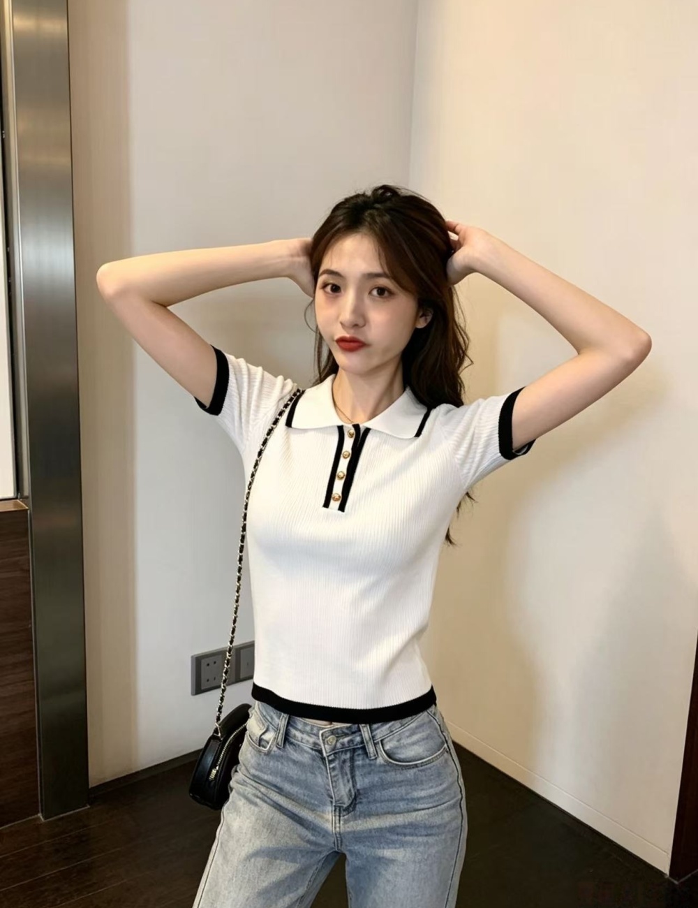 Knitted lapel chanelstyle mixed colors short sleeve shirts