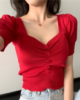 Knitted retro low-cut T-shirt V-neck sexy tops